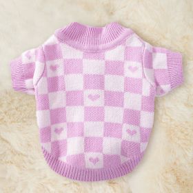 Dog Striped Knitted Sweater Cardigan Clothing (Option: Pink Checkerboard Grid-XL)